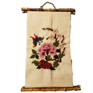 Hand Stitched Embroidered Floral & Butterfly Wall Hanging w/ Bamboo Frame 12"×9"